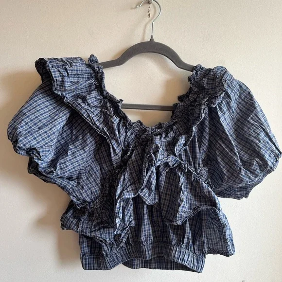 Olive Blue Checkered Ruffles Top - Picture 9 of 9
